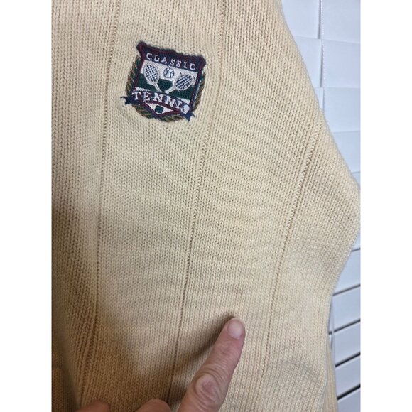 VTG Mens Tennis Sweater L Beige V-Neck Cotton Cable Knit Racket design Preppy - Picture 9 of 10